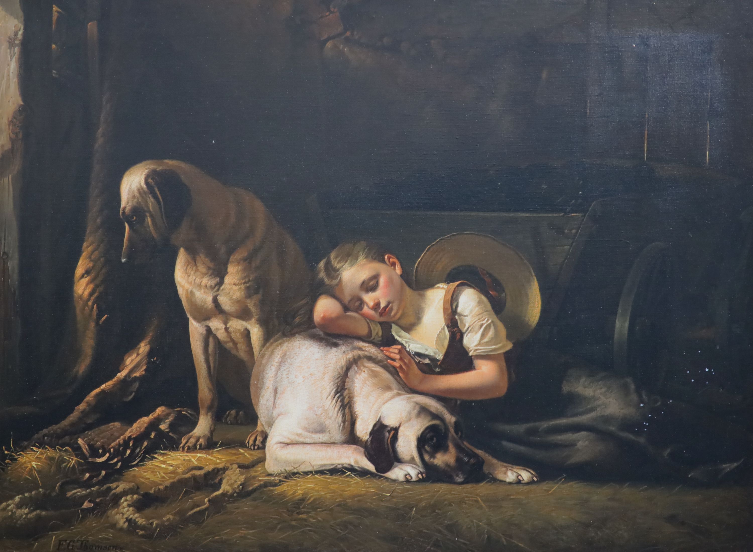 Fritz Gotfred Thomsen (1819-1891) Girl and mastiffs in a stable 28.5 x 39in.
